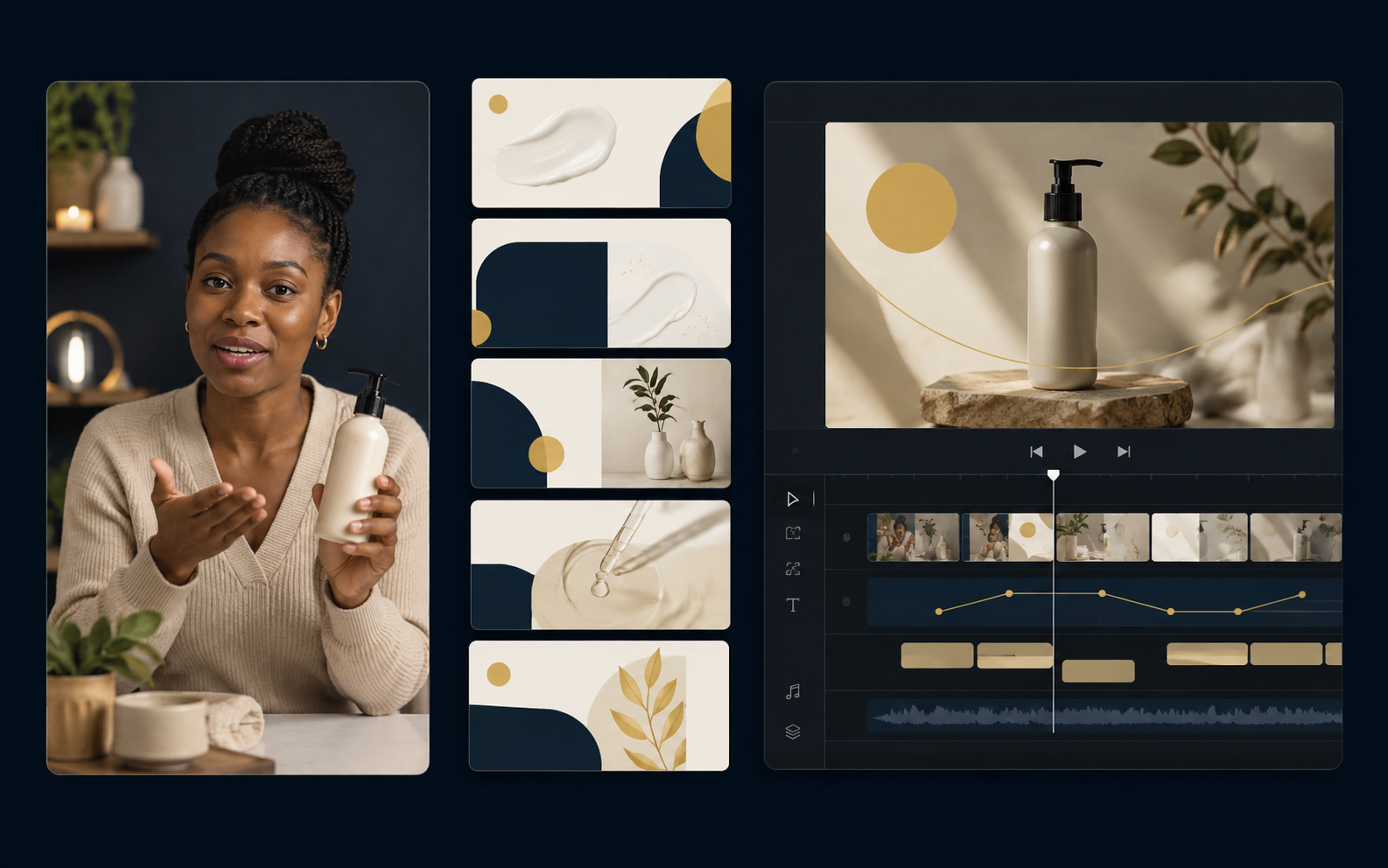 AI-assisted content production featuring UGC video, carousel design and video editing.