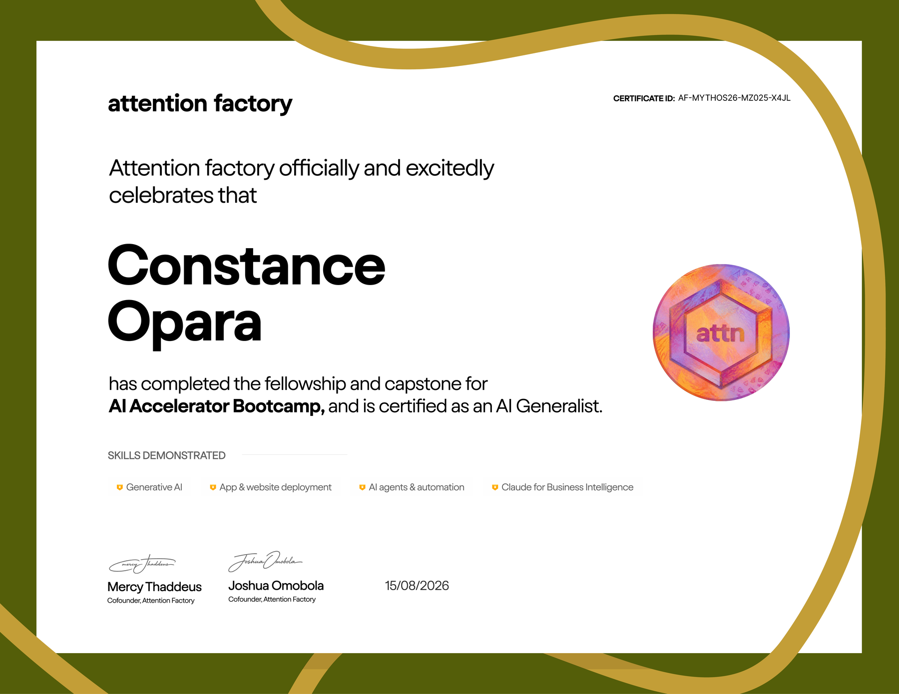 AI Generalist certificate awarded to Constance Opara by Attention Factory.