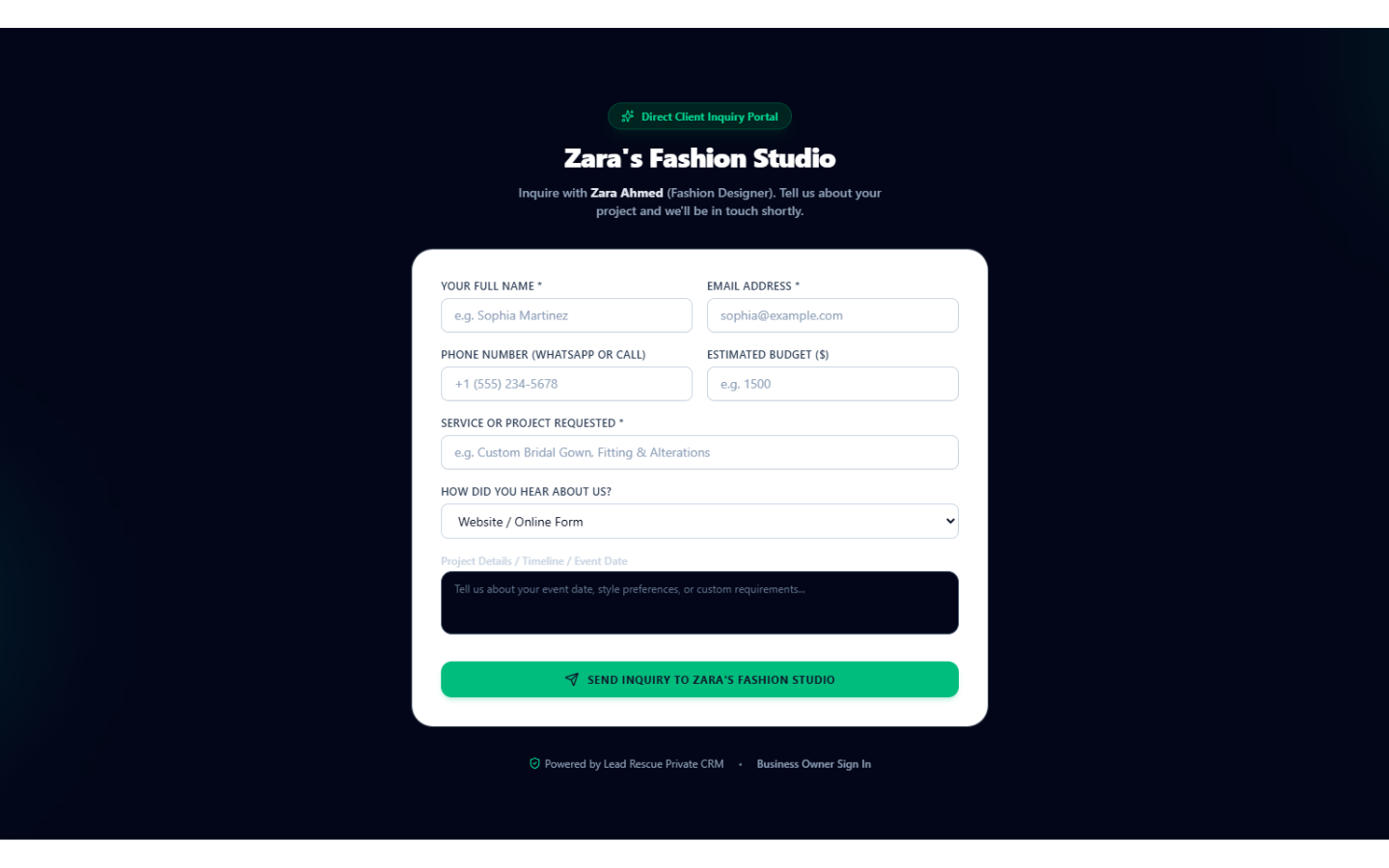 Lead Rescue customer inquiry portal for Zara's Fashion Studio.
