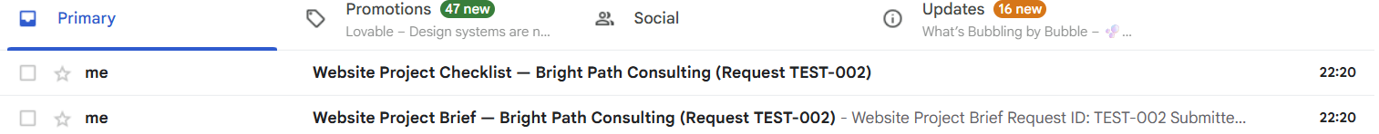 Gmail inbox showing two received emails: a Website Project Brief and a Website Project Checklist for request TEST-002.