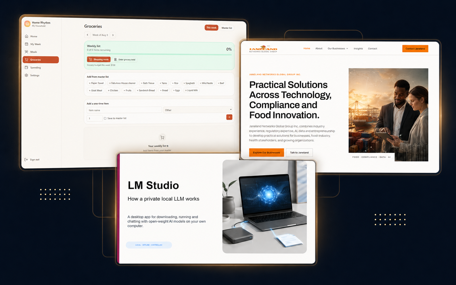 Portfolio collage featuring the Home Rhythm app, Janeland Networks website and private AI presentation.