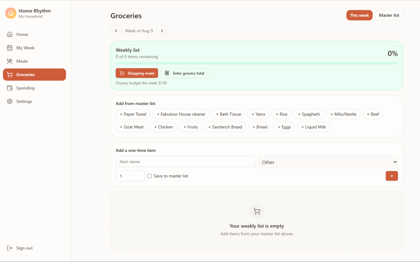 Home Rhythm family planning web application grocery dashboard