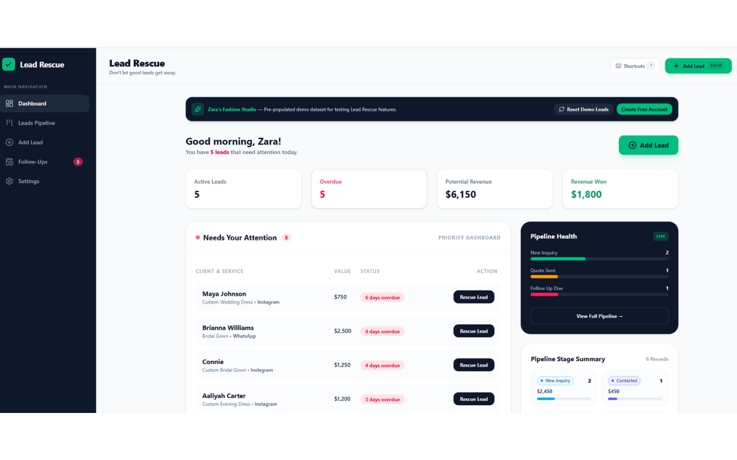 Lead Rescue lead-management dashboard with pipeline and follow-up tracking.