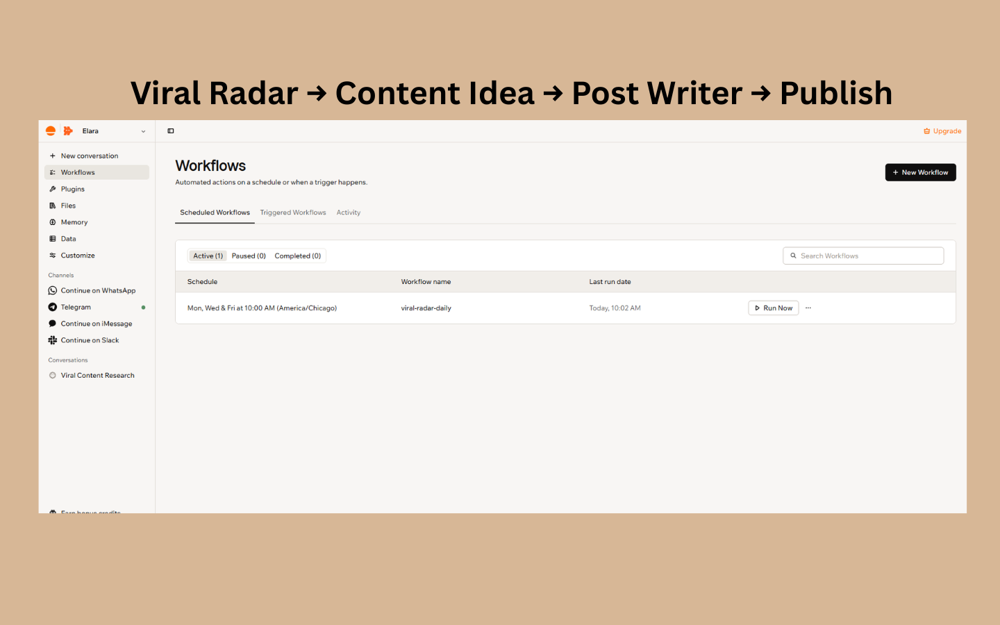 Elara workflows dashboard showing the scheduled viral-radar-daily content research workflow